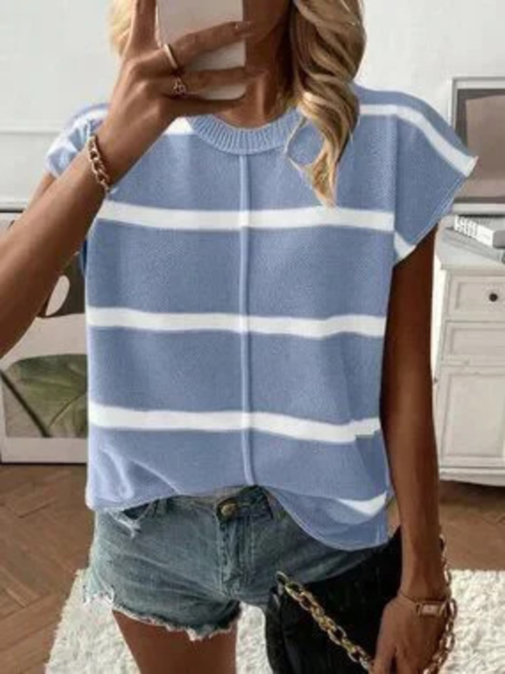 ZARA Blue Casual Women's Loose Knit Raglan Sleeveless Striped Pullover Tank Top